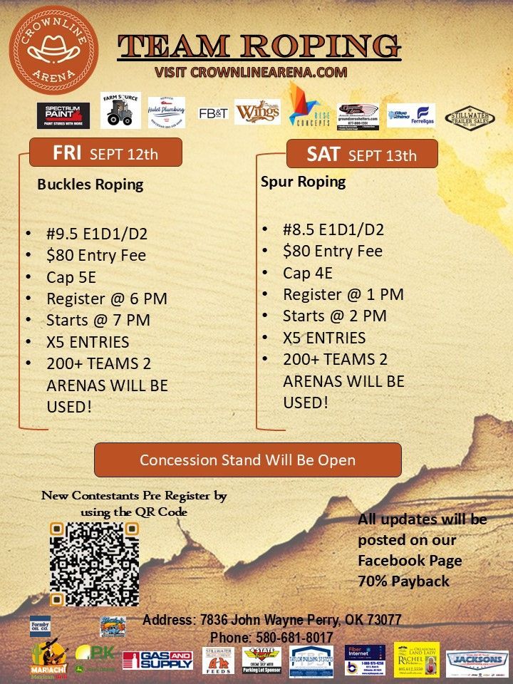 Team roping event flyer: Buckles Roping on Friday, Spur Roping on Saturday. Details on times, fees, and location.