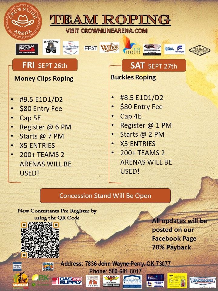 Team roping event flyer. Details include dates, roping types, entry fees, and registration information.