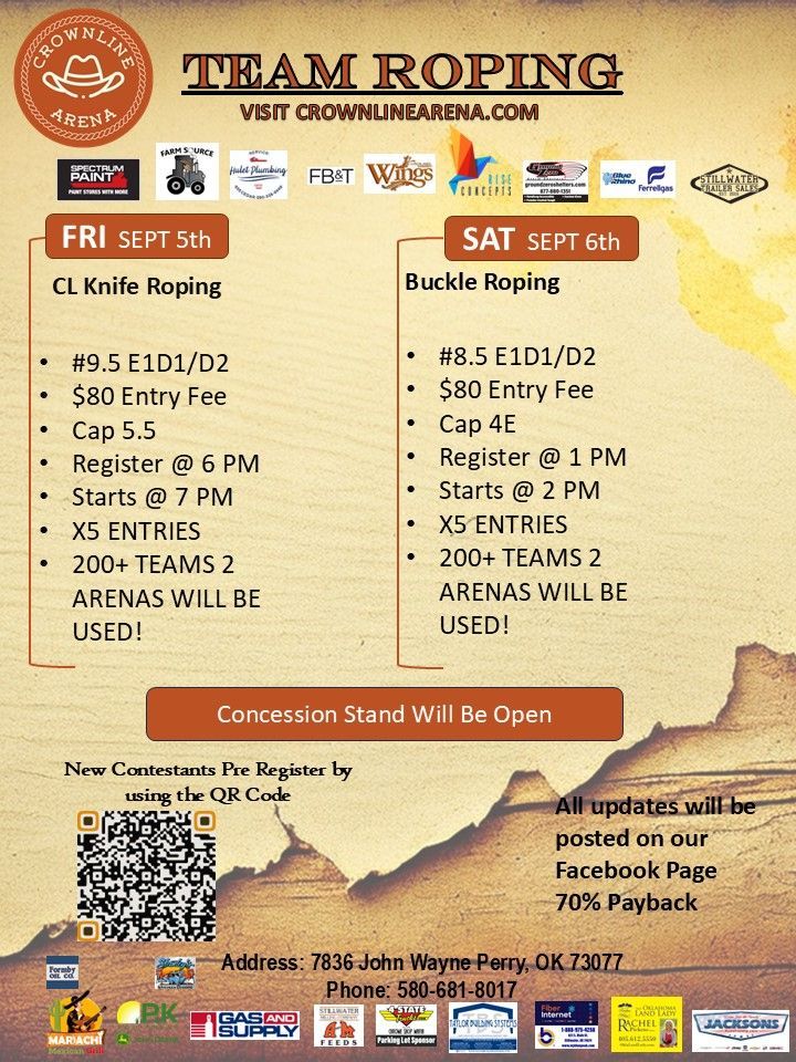 Team roping event flyer: at Crownline Arena. Dates: Sept 5th & 6th. Includes roping details