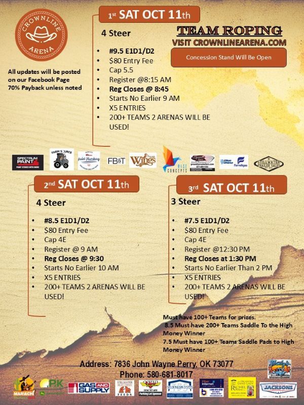 Team roping event flyer: Oct 11th, 4-3 steer events, entry fees, times, and location in Perry, OK.