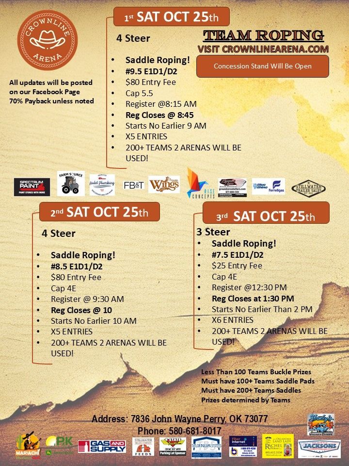 Team roping event schedule. 4 and 3 steer competitions on October 25th in Perry, OK.