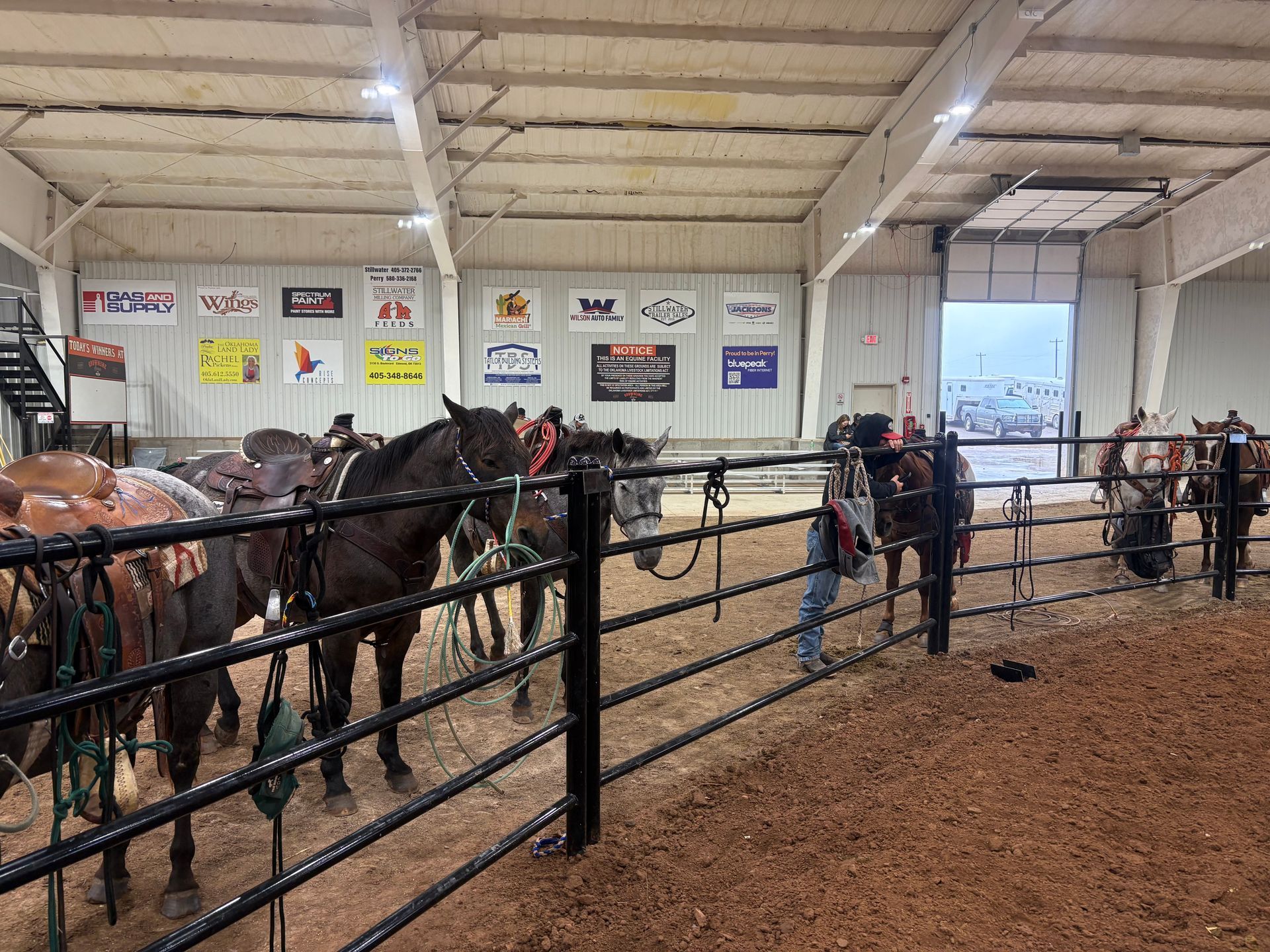 Horses saddled in an indoor arena, tied to a fence. Person standing near horses, waiting.