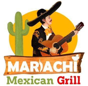 The logo for mariachi mexican grill shows a man playing a guitar