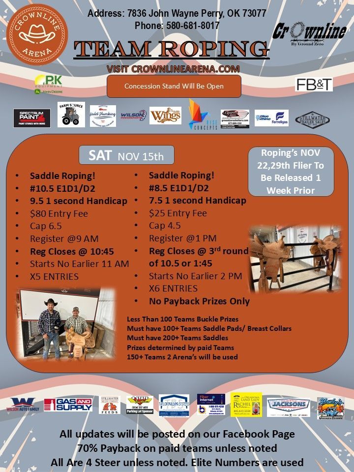 Team roping event flyer with saddle roping details, date November 15th, and arena information.