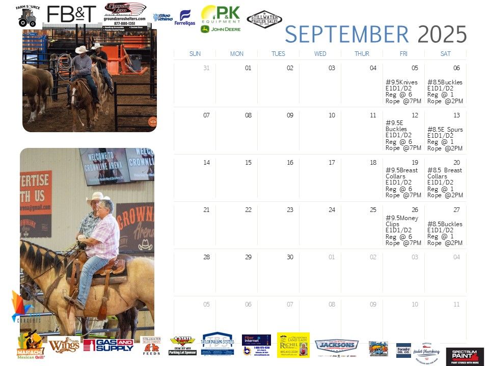 September 2025 calendar with rodeo photos, events listed on specific days.
