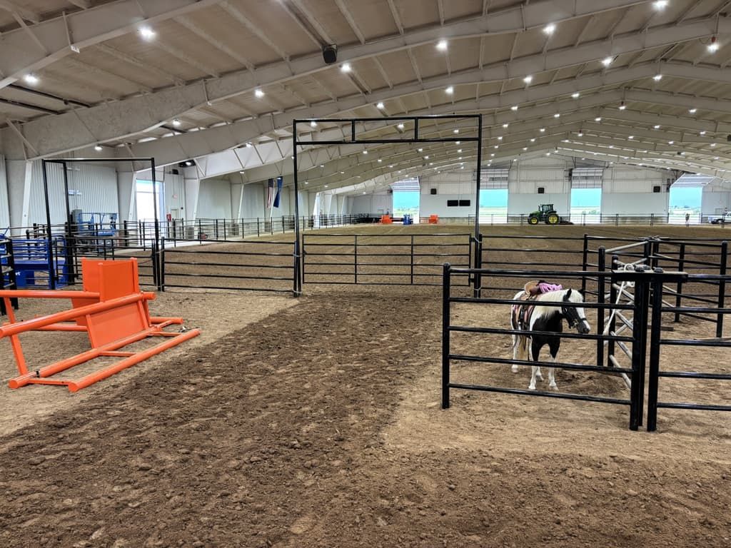 A pony is standing in a fenced in area in a large building.