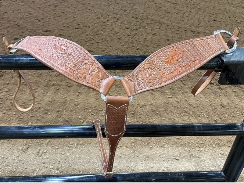 Leather horse breast collar on a black metal fence, tan and brown.