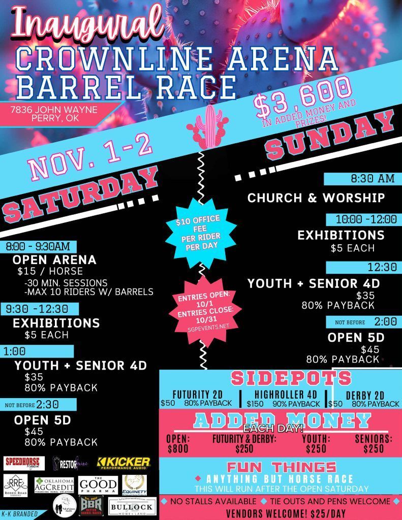 Poster for Crownline Arena barrel race on Nov. 1-2. Events include exhibitions, youth/senior 4D, and open 5D.