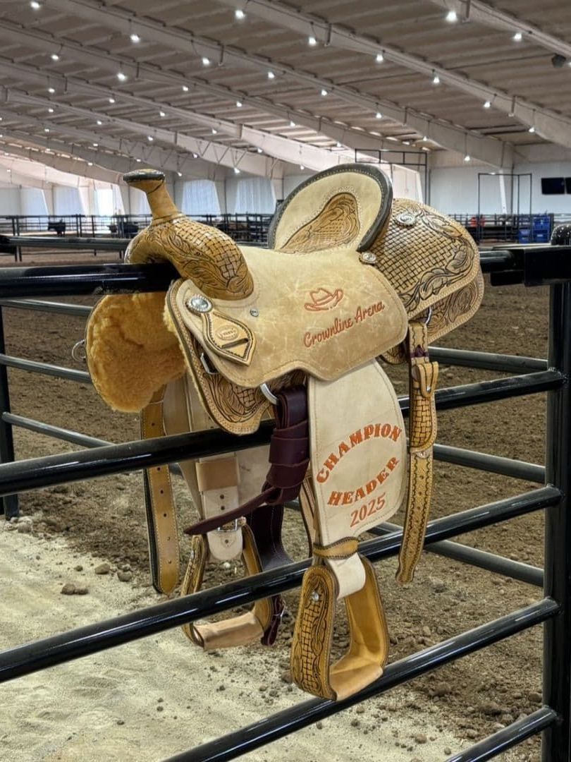 Western saddle displayed on a metal fence inside an arena. The saddle reading