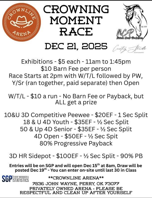 Poster for a horse race at the Crownline Arena, December 21, 2025. Includes race details, fees, and rules.