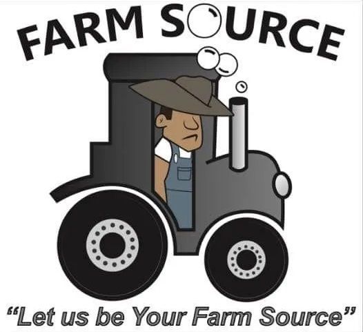 A farm source logo with a man in a tractor