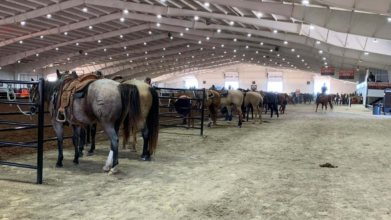 Horses in an indoor arena, saddled and corralled. A man rides a horse in the distance.