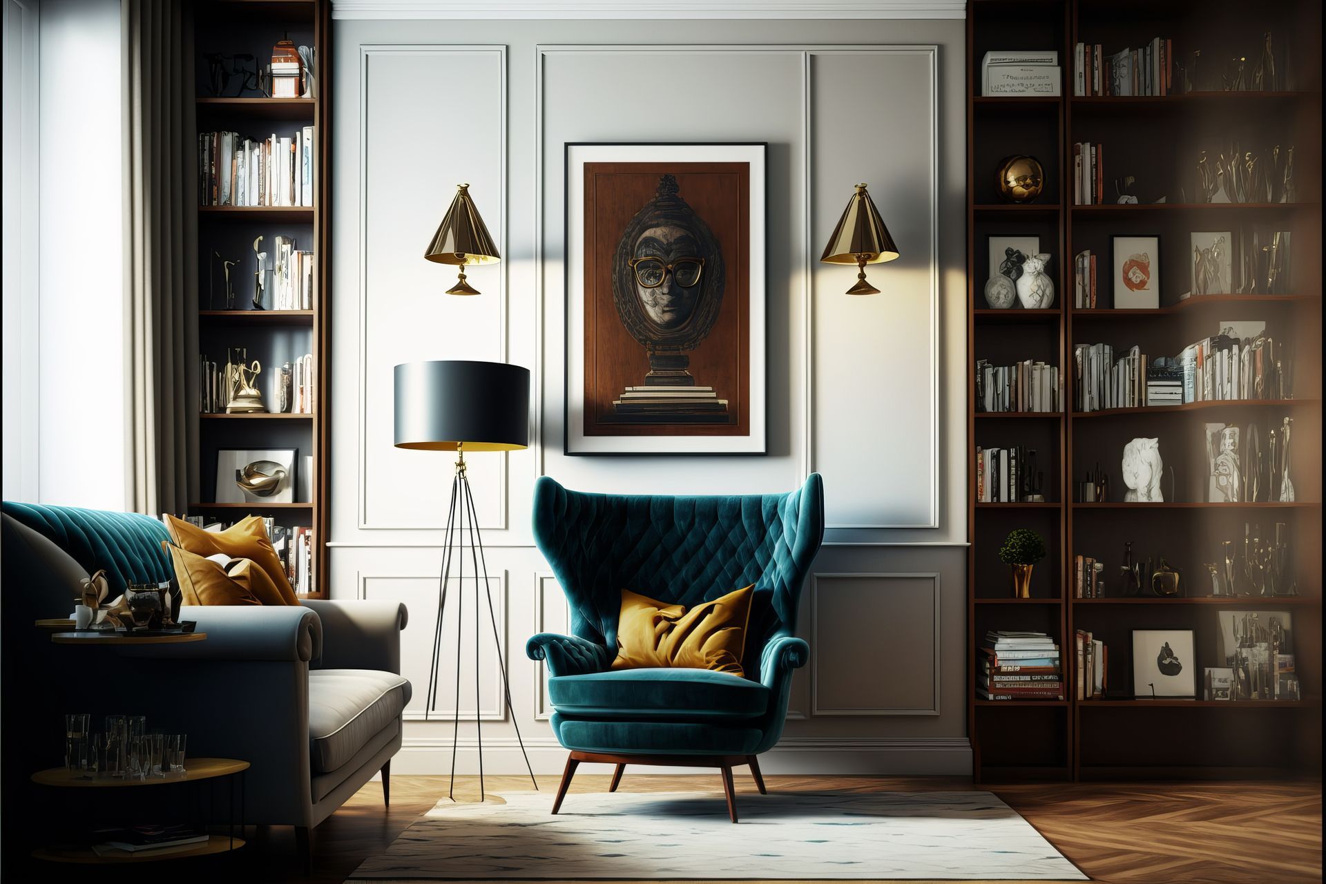 A living room with a couch , chair , lamp and bookshelf.