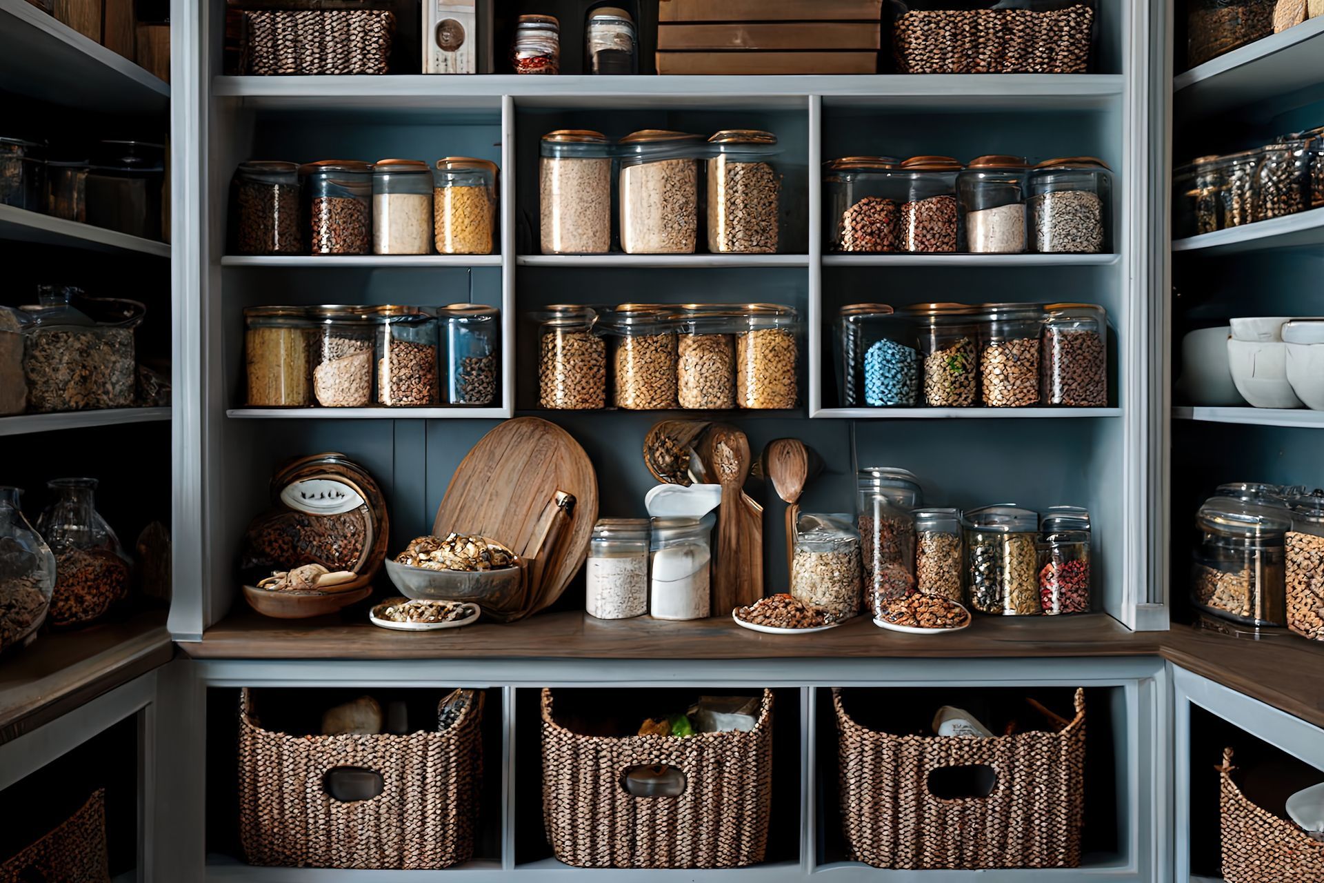 A pantry filled with jars and baskets of food.