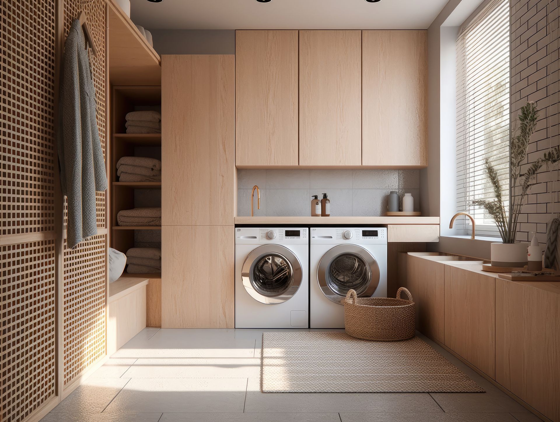 A laundry room with two washing machines and a sink.