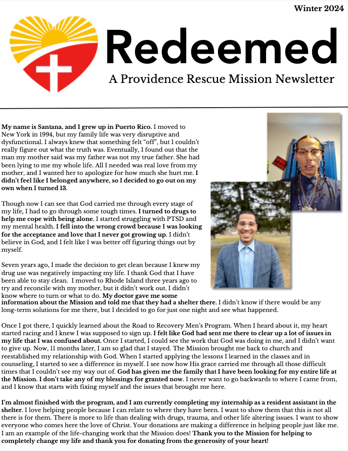 The front page from the redeemed providence rescue mission newsletter.