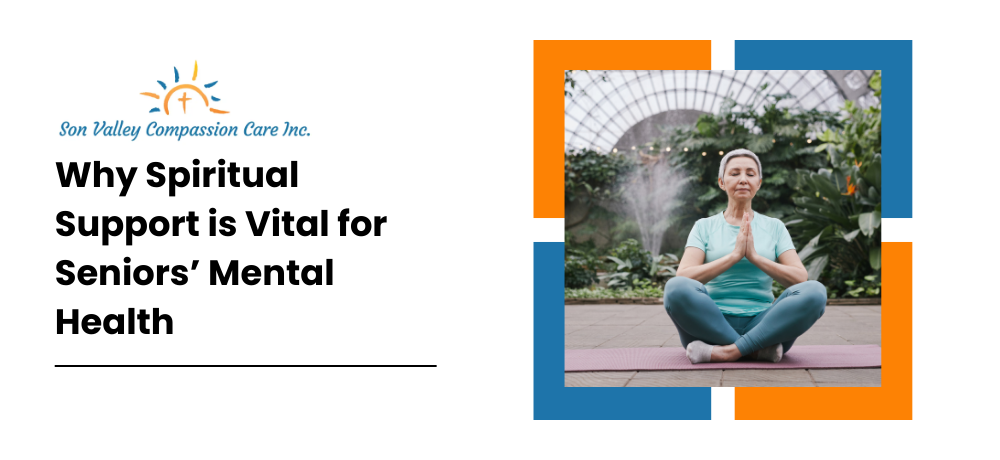 Older adult meditating outdoors beside text: “Why Spiritual Support is Vital for Seniors’ Mental Health”
