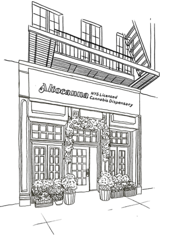 A black and white drawing of a building with flowers in front of it.