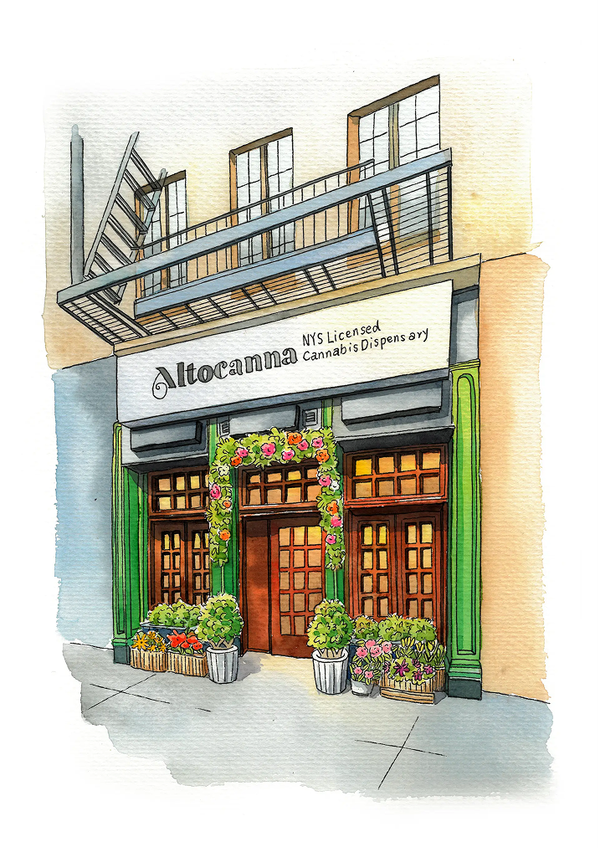 A watercolor painting of a building with flowers in front of it.
