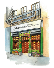 A drawing of a building with flowers in front of it.