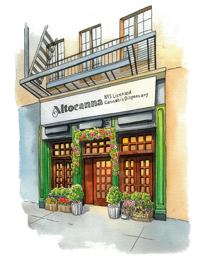 A drawing of a building with flowers in front of it.