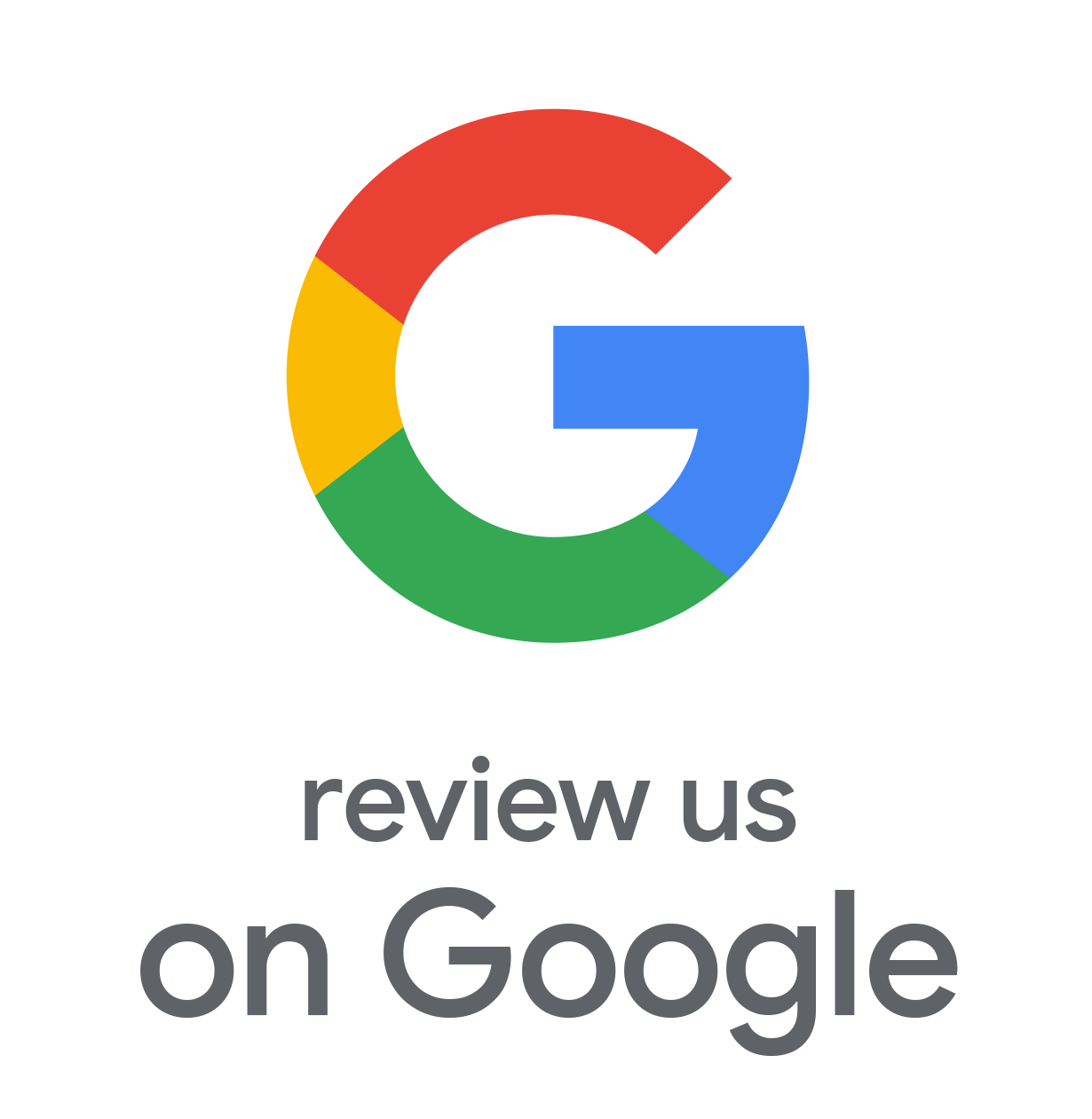 Google logo with “review us on Google” text on white background