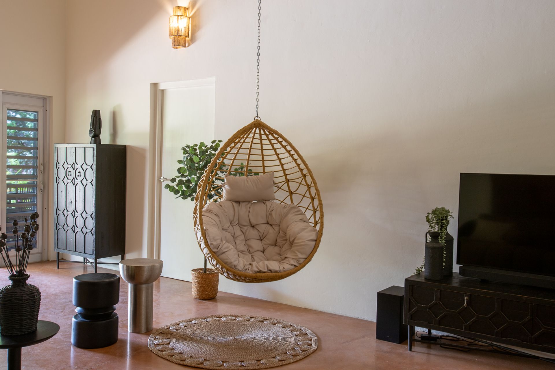 Woonkamer met hangstoel, tv, potplanten en decoratief vloerkleed.