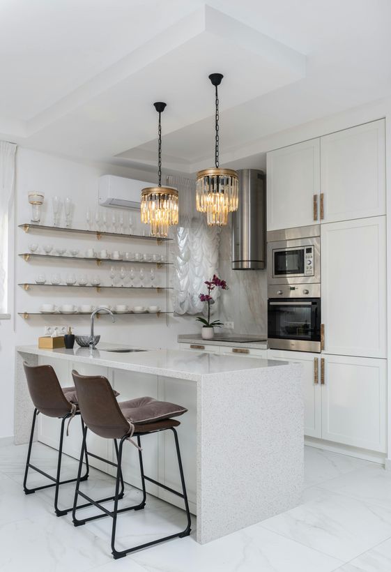 Marble white beautiful kitchen in Sunderland, UK. Made by Foxglove Decor.