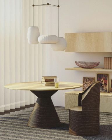 Table lamp with a lampshade near a washbasin, dining table, and pedestal.