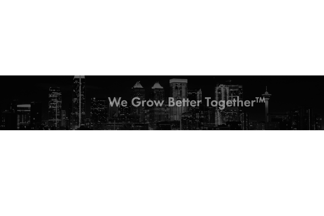 a black and white photo of a city skyline with the words `` we grow better together '' written on it .