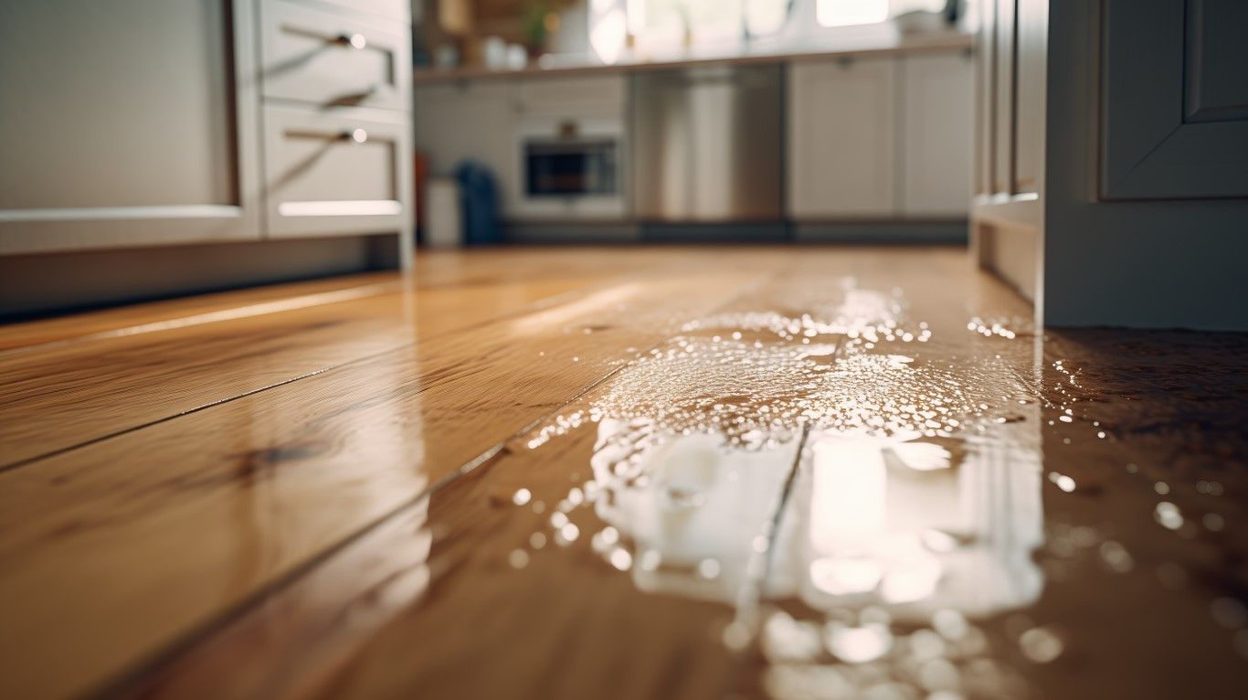 Water spilled on shiny hardwood floor in a kitchen.