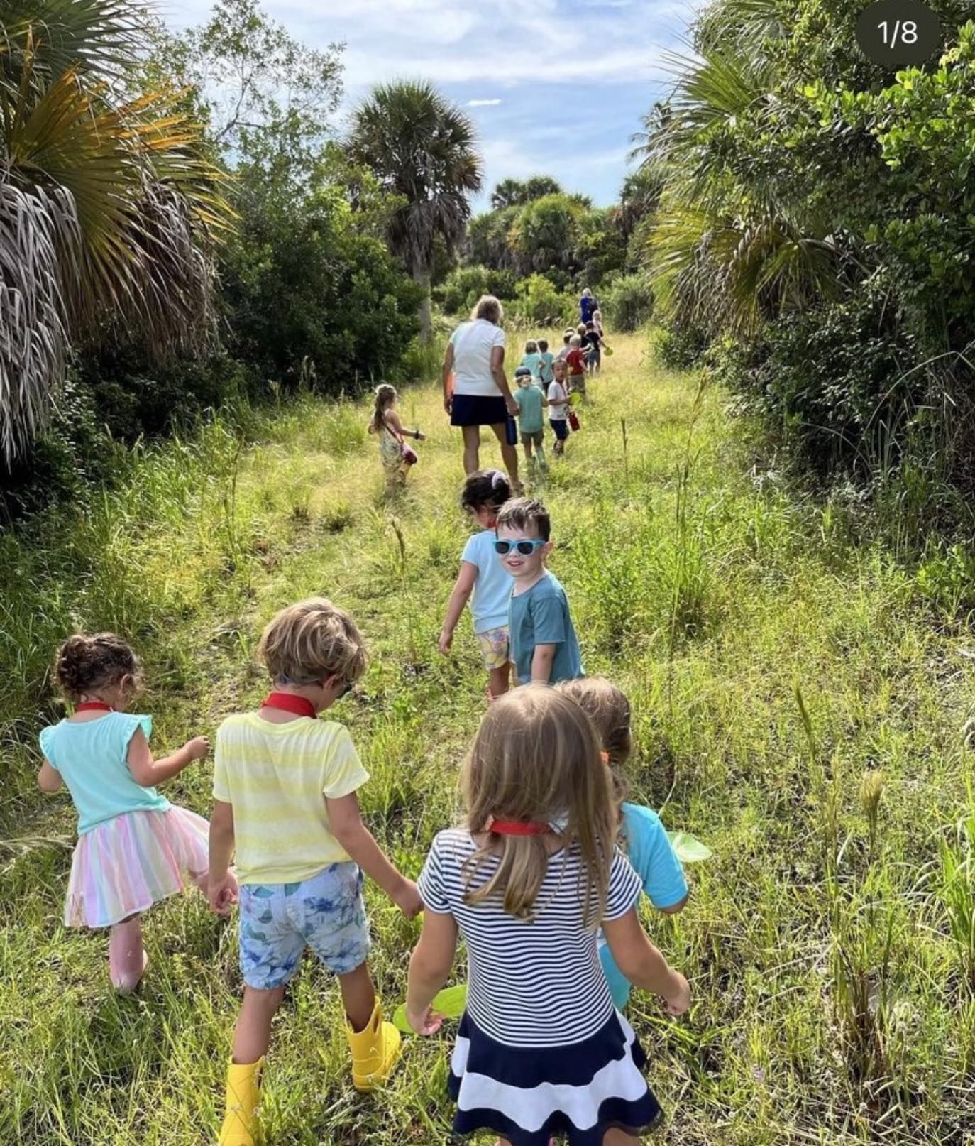 A group of children are walking through a grassy field.