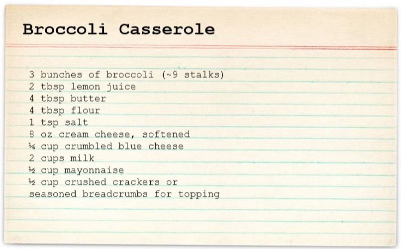 A recipe for broccoli casserole is written on a piece of paper