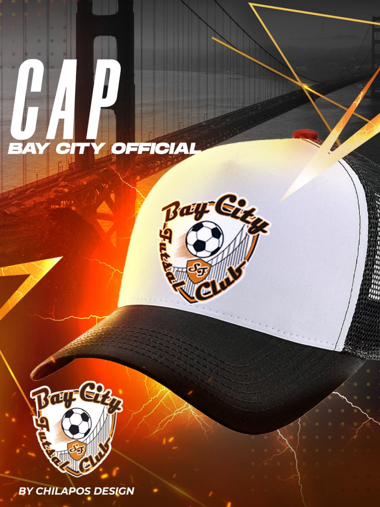 Cap for Bay City Futsal Club with a black and white design and a Golden Gate Bridge background.