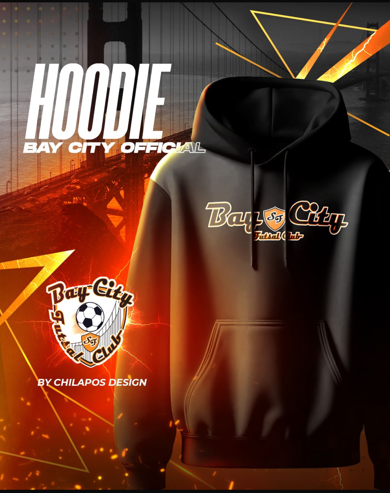 Bay City Football Club hoodie mockup, black with logo over an orange-lit bridge background.