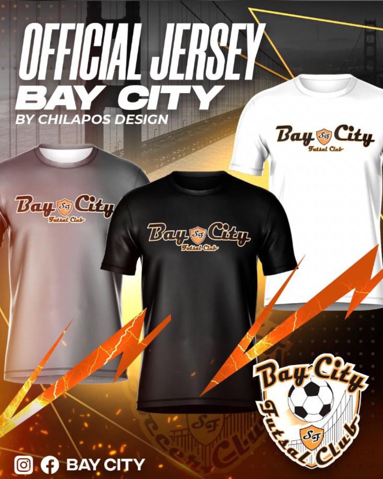 Bay City Futsal Club jersey options in gray, black, and white. Club logo and 