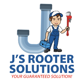 The logo for j 's rooter solutions shows a plumber holding a wrench.