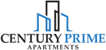 Logo for Century Prime Apartments, featuring stylized blue and black skyscraper silhouettes and text.