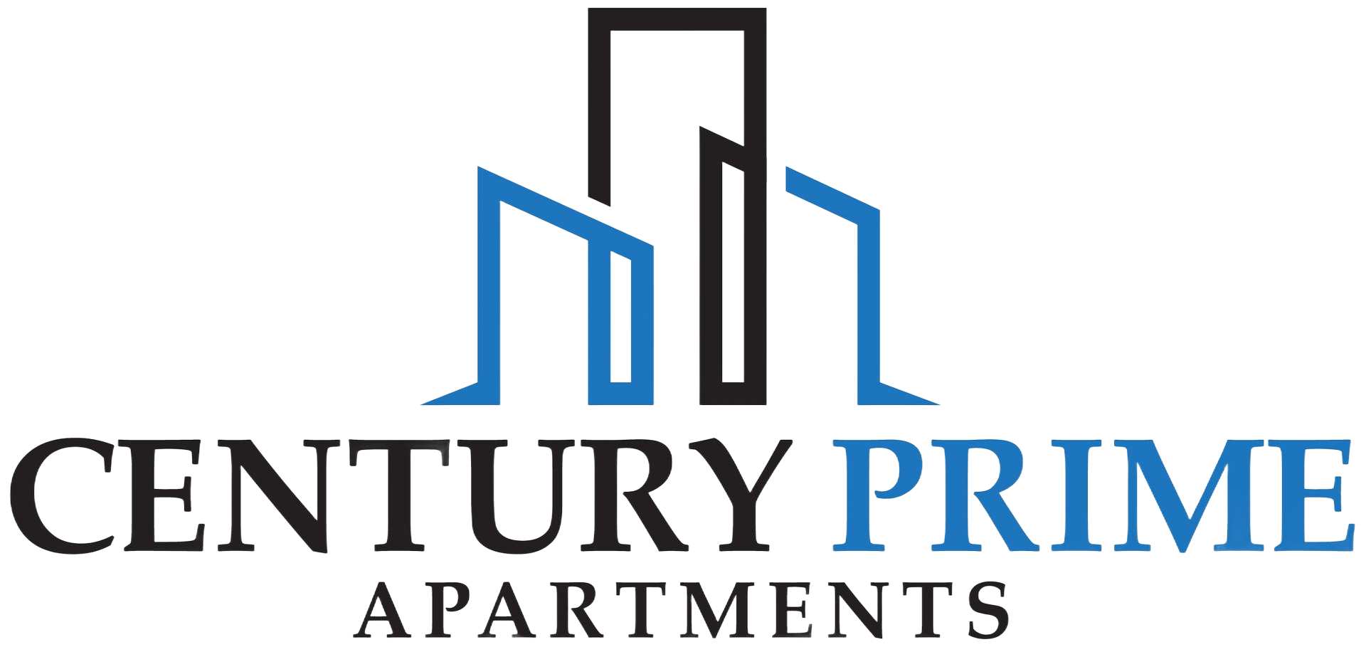 Logo for Century Prime Apartments, featuring stylized blue and black skyscraper silhouettes and text.