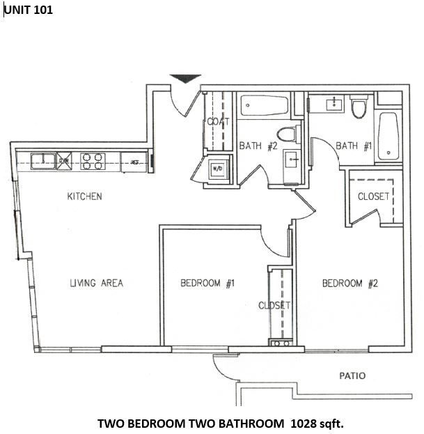 Floor plan for Unit 101, a 2-bedroom, 2-bathroom apartment with kitchen, living area, and patio; 1028 sqft.