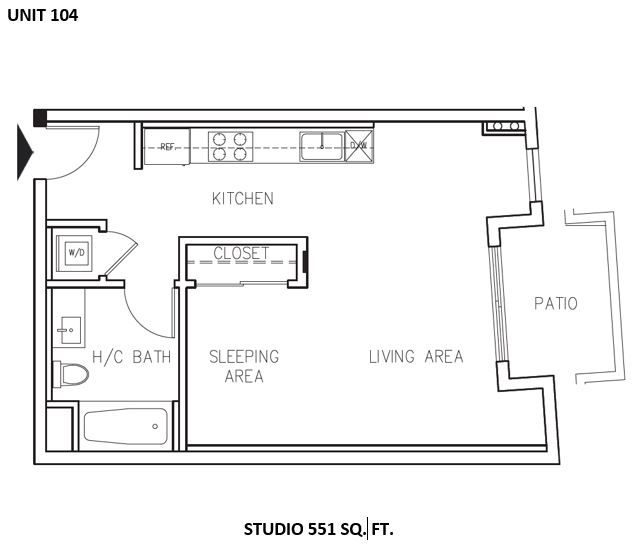 Floor plan of a studio apartment, labeled with kitchen, sleeping area, living area, patio, and bathroom.