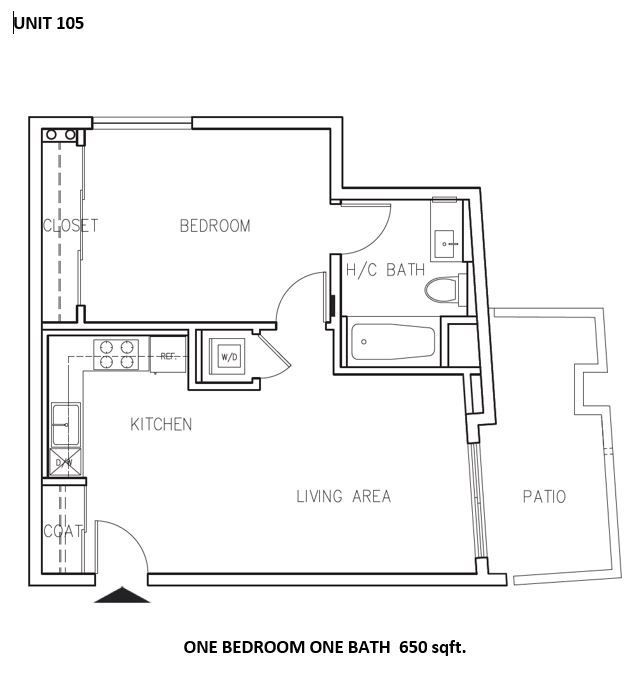 Floor plan of a one-bedroom apartment with a kitchen, living area, patio, and bathroom.