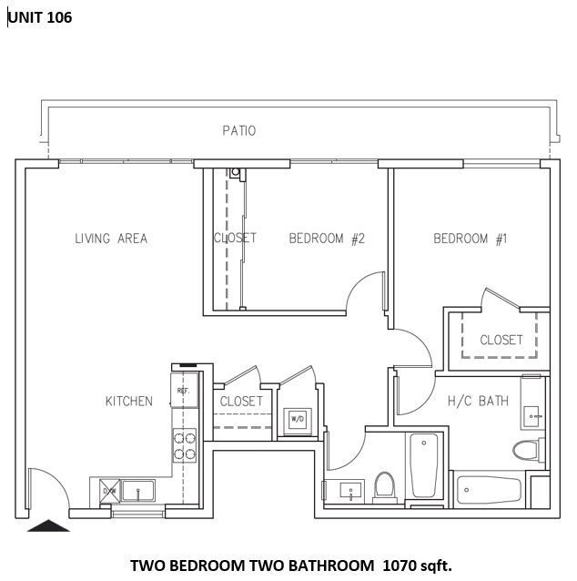 Floor plan of unit 106, a two-bedroom, two-bathroom apartment with patio; labeled rooms include kitchen and living area.