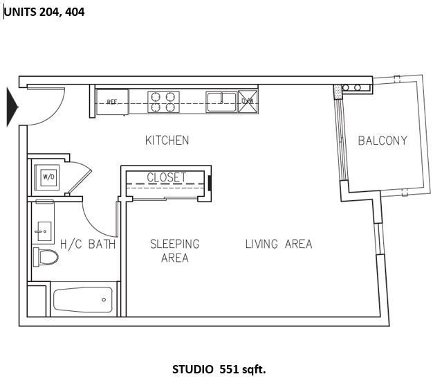 Floor plan of a studio apartment, labeled kitchen, sleeping area, living area, balcony, and bathroom; 551 sqft.