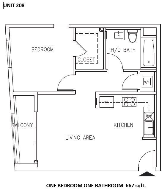 Floor plan of a one-bedroom apartment, including a bedroom, bathroom, kitchen, living area, balcony, and closet.