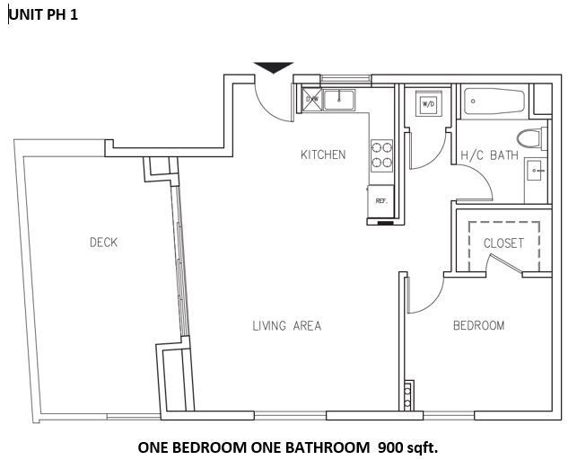Floor plan of a one-bedroom, one-bathroom unit with a kitchen, living area, deck, bedroom, and closet.