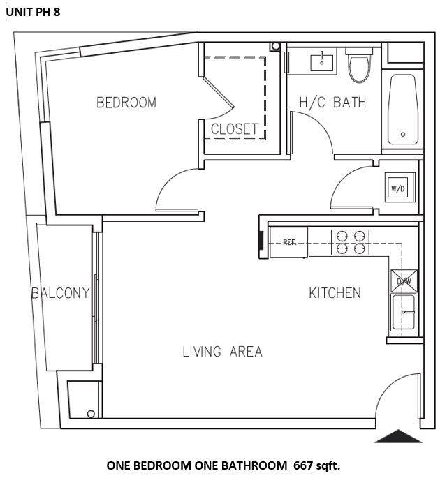 Floor plan for a one-bedroom, one-bathroom unit, labeled 