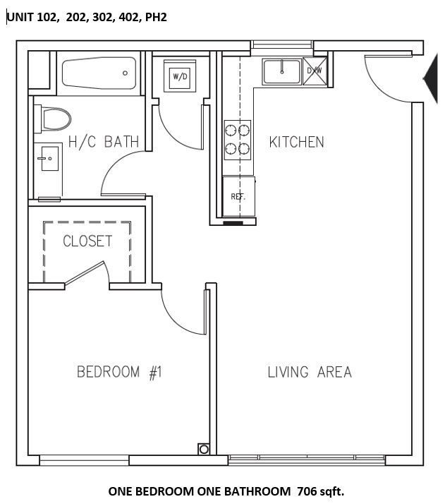 Floor plan of a one-bedroom, one-bathroom apartment; includes kitchen, bathroom, closet, living area, and bedroom.