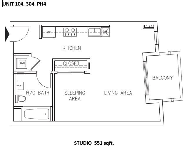 Floor plan of a studio apartment with kitchen, sleeping area, living area, balcony, and bathroom.