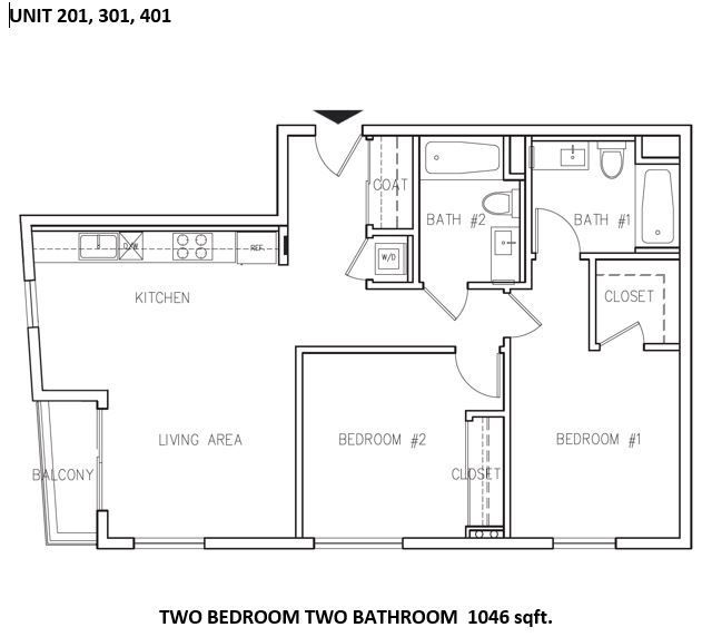 Floor plan of a two-bedroom, two-bathroom apartment with a kitchen, living area, and balcony.